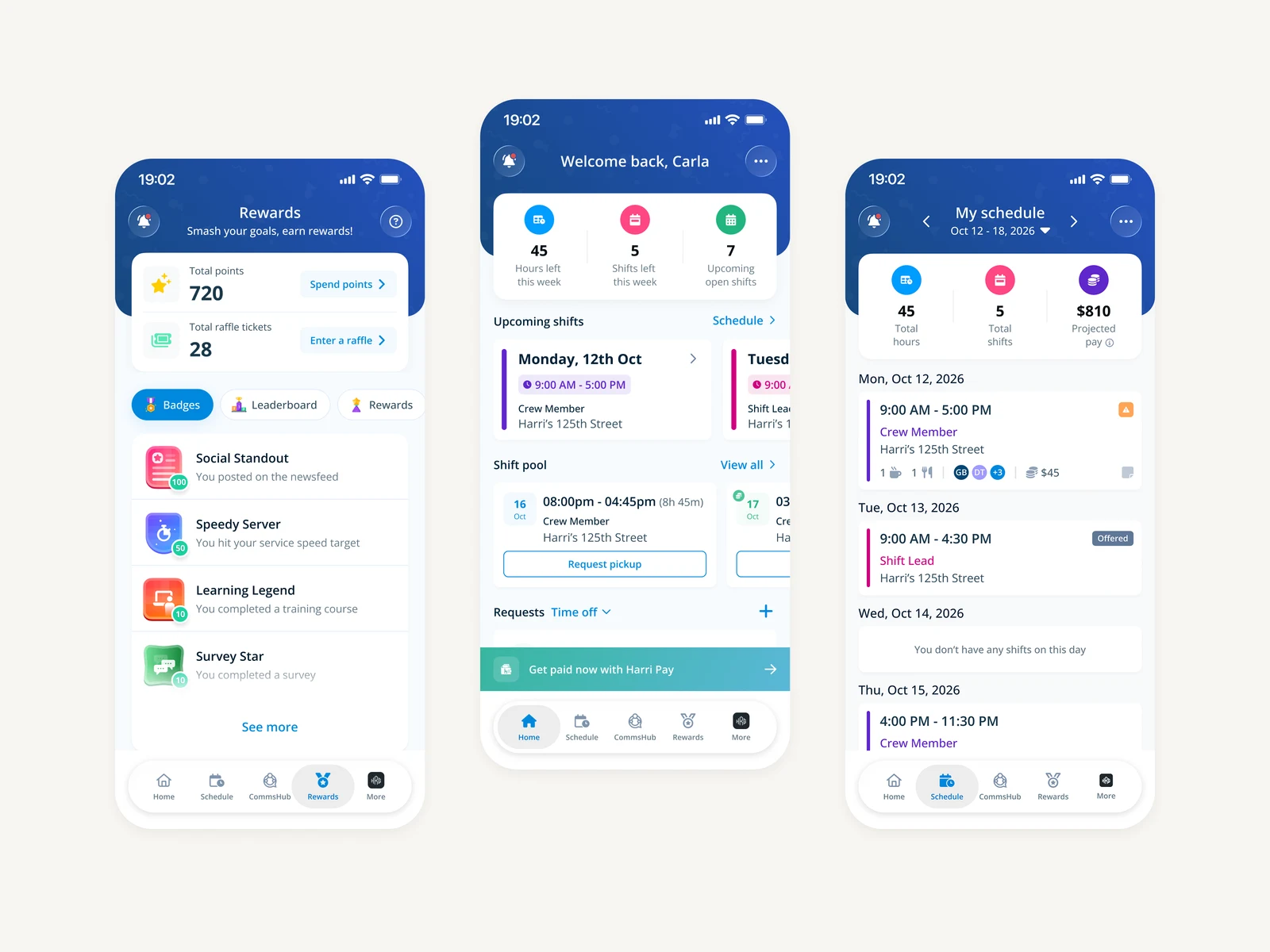 Three phone screens from Harri’s employee app, showing Rewards, Home and Schedule, each opening with a blue header and a summary card.