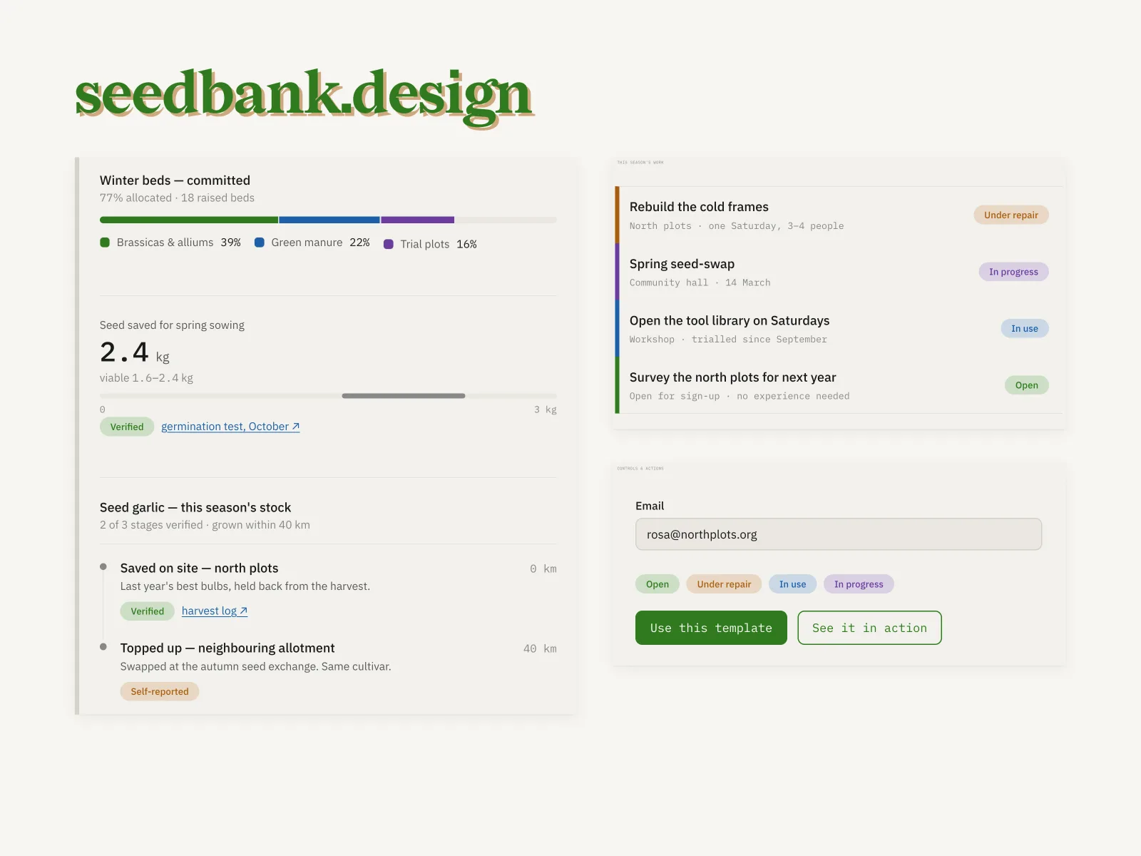seedbank.design — a cloneable HTML + CSS design system for communities